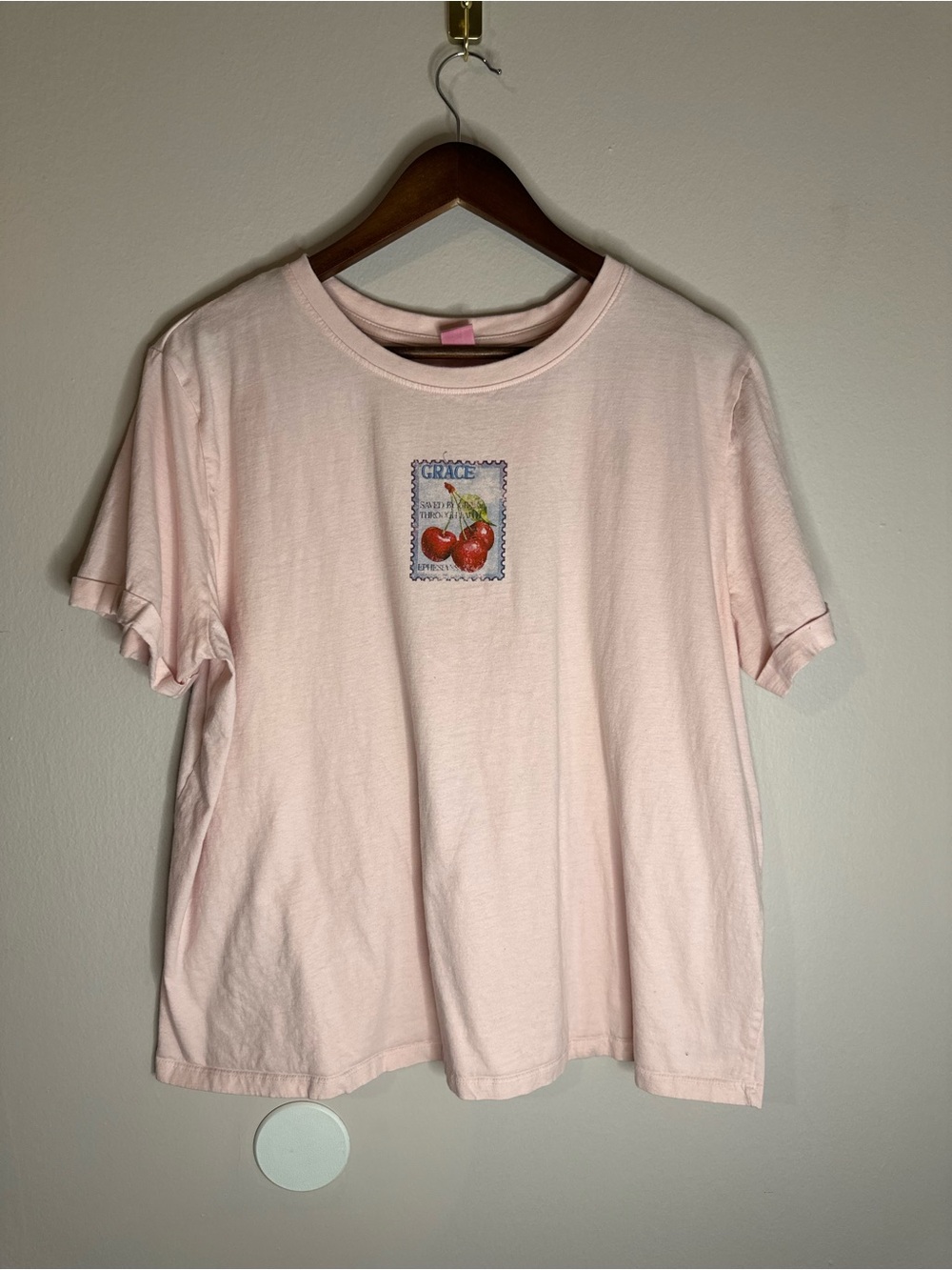 Grace Pale Pink Short Sleeve Tee with Cherry Stamp